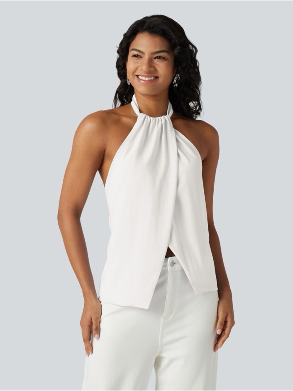 HALARA White Backless Tie-back Casual Halter Top